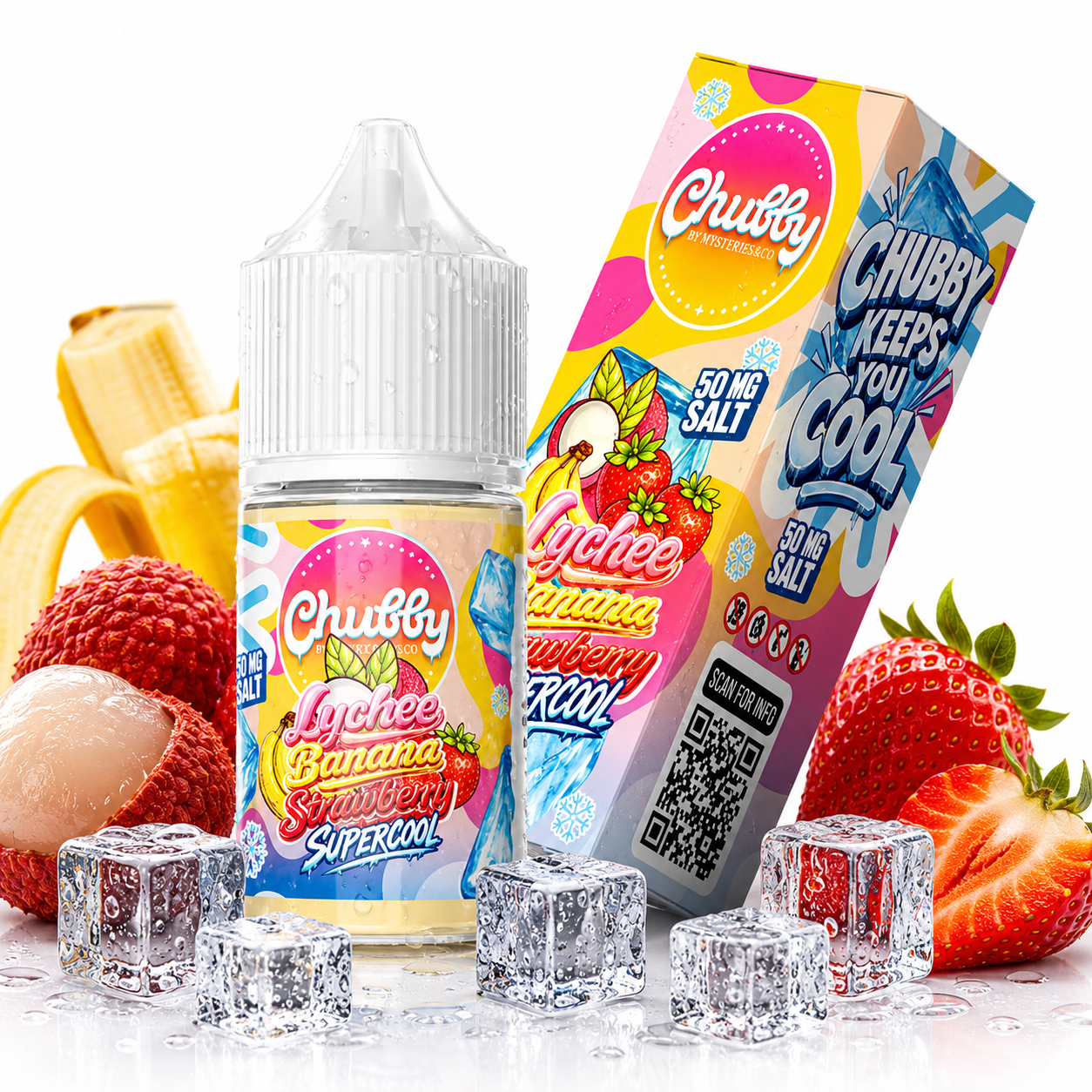 Chubby super cool salt e-liquid bottle featuring lychee, banana, and strawberry flavors in a 30ml container.