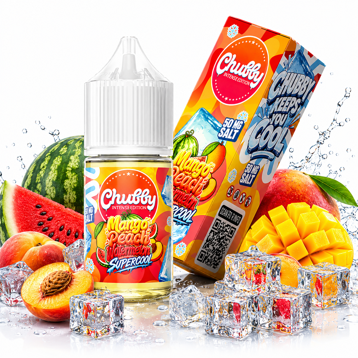 Chubby Mango Peach Watermelon Super Cool salt e-liquid bottle with 30ml size and 50mg nicotine strength.