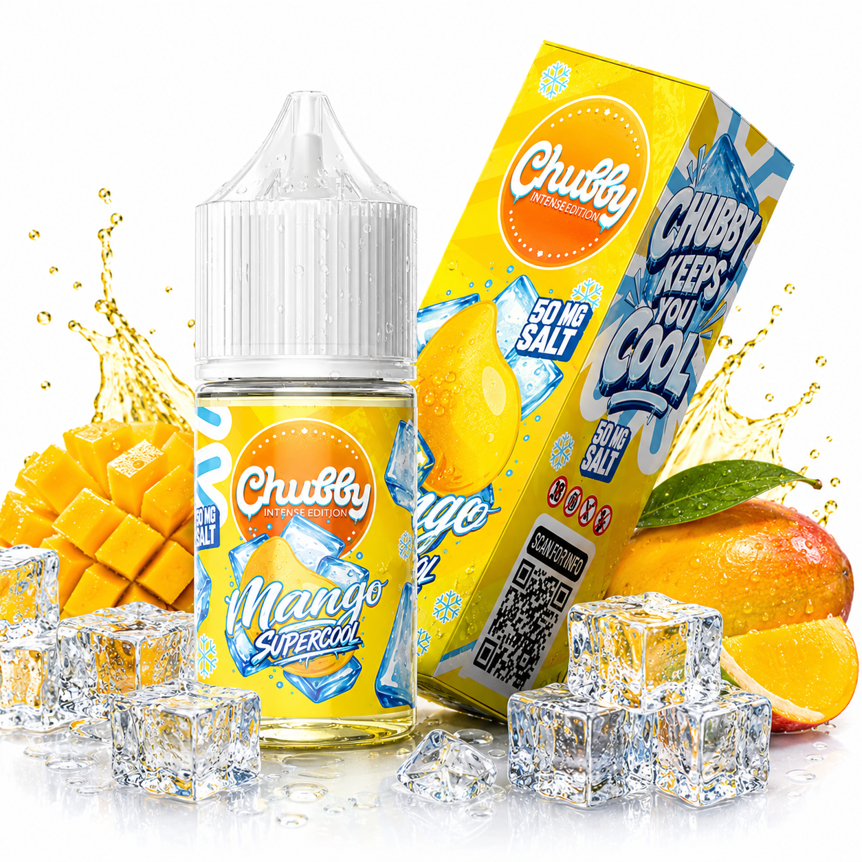 Chubby Mango Super Cool salt e-liquid bottle, 30ml, 50mg nicotine, featuring a colorful mango-themed label.