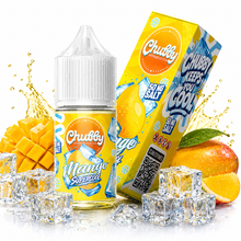 Chubby Mango Super Cool salt e-liquid bottle, 30ml, 50mg nicotine, featuring a colorful mango-themed label.