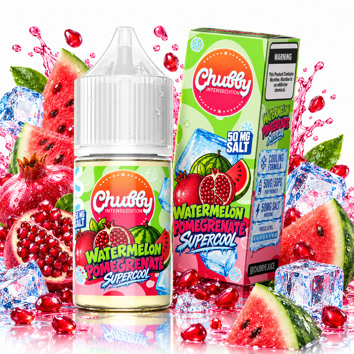 Chubby Watermelon Pomegranate Super Cool 50mg salt e-liquid bottle with colorful label featuring watermelon and pomegranate images.