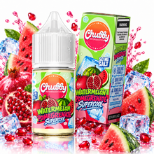 Chubby Watermelon Pomegranate Super Cool 50mg salt e-liquid bottle with colorful label featuring watermelon and pomegranate images.