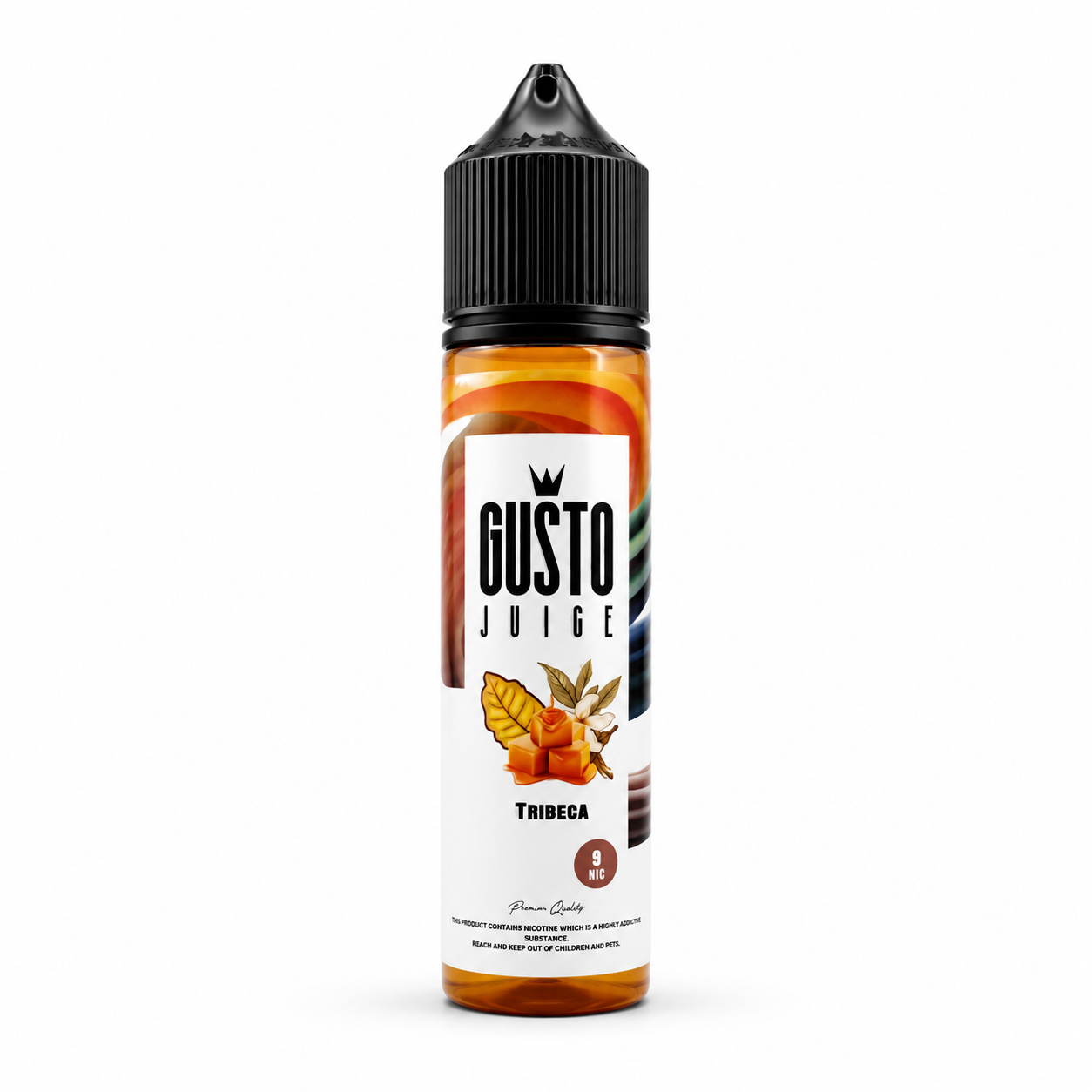 GUSTO JUICE Tribeca MTL e-liquid bottle with colorful label, showcasing flavor and brand details on a white background.
