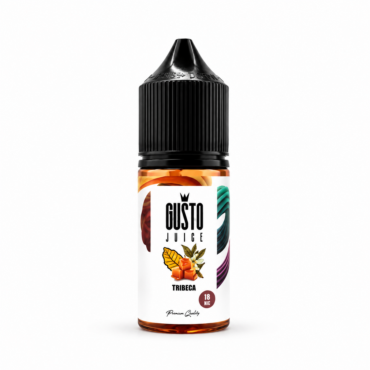 GUSTO JUICE Tribeca MTL e-liquid bottle with colorful label, designed for vaping, featuring vibrant branding and flavor details.