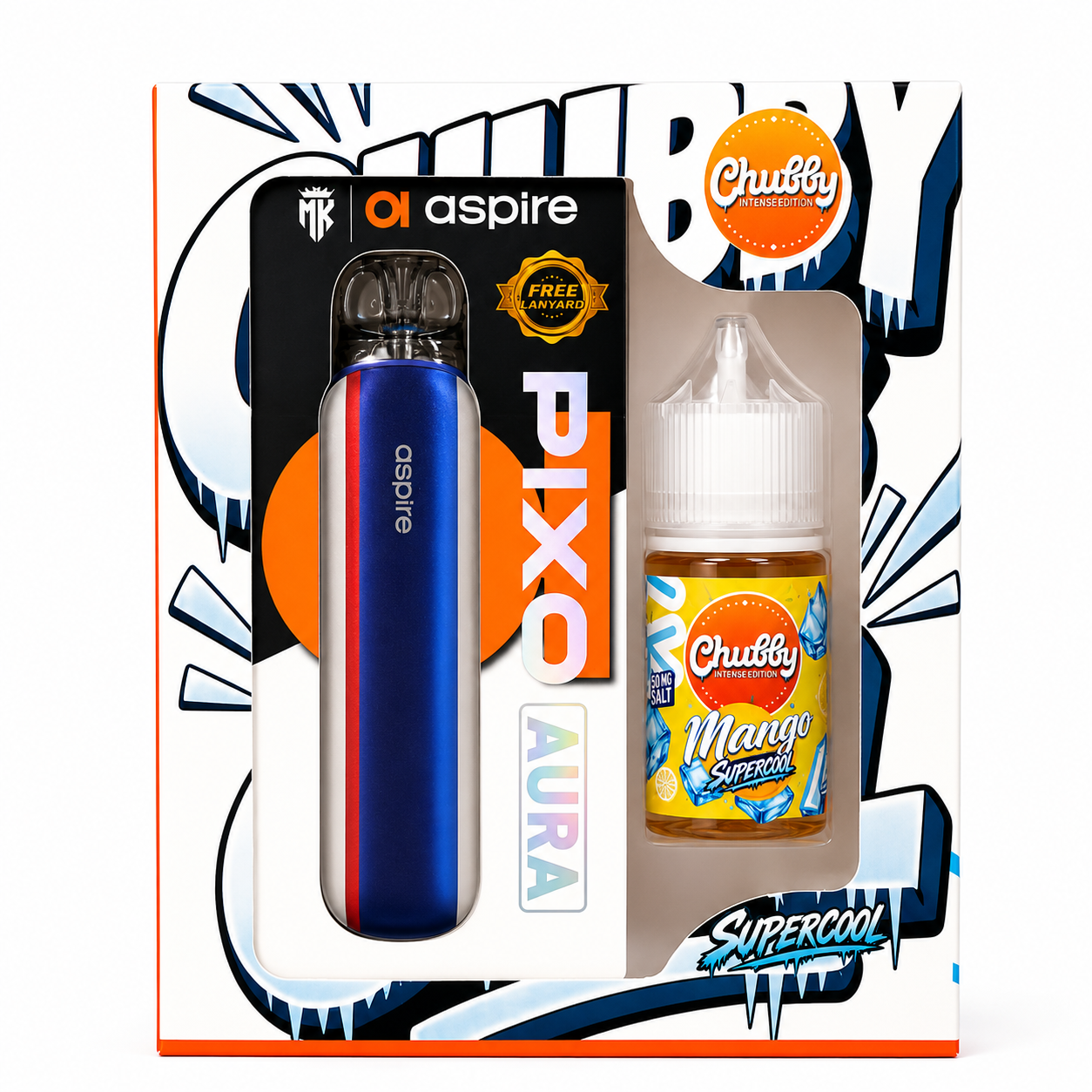 ASPIRE PIXO SERIES PIXO AURA Chubby Super Cool Bundle Kit with sleek pod system and vibrant design, ideal for vaping.