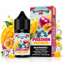 PANDROZA Passion Mango Super Cool salt e-liquid bottle with vibrant mango flavor and cooling menthol elements.