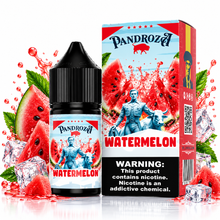 Pandroza Watermelon Super Cool salt e-liquid bottle with vibrant watermelon flavor and cooling effect for vaping.
