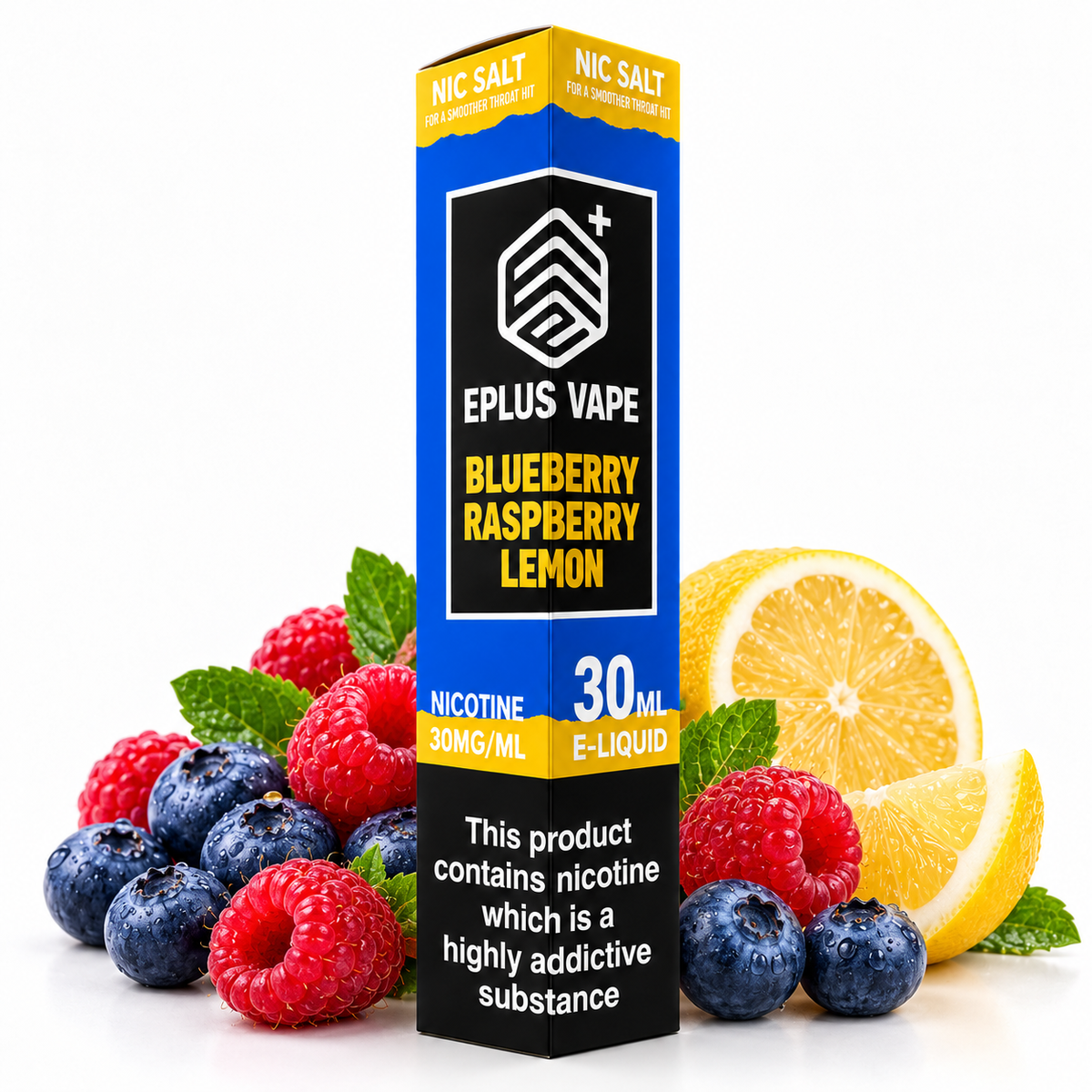 EPLUS VAPE Nic Salt E-Liquid in 30ml bottle with blueberry, raspberry, and lemon flavor, featuring vibrant fruit images.