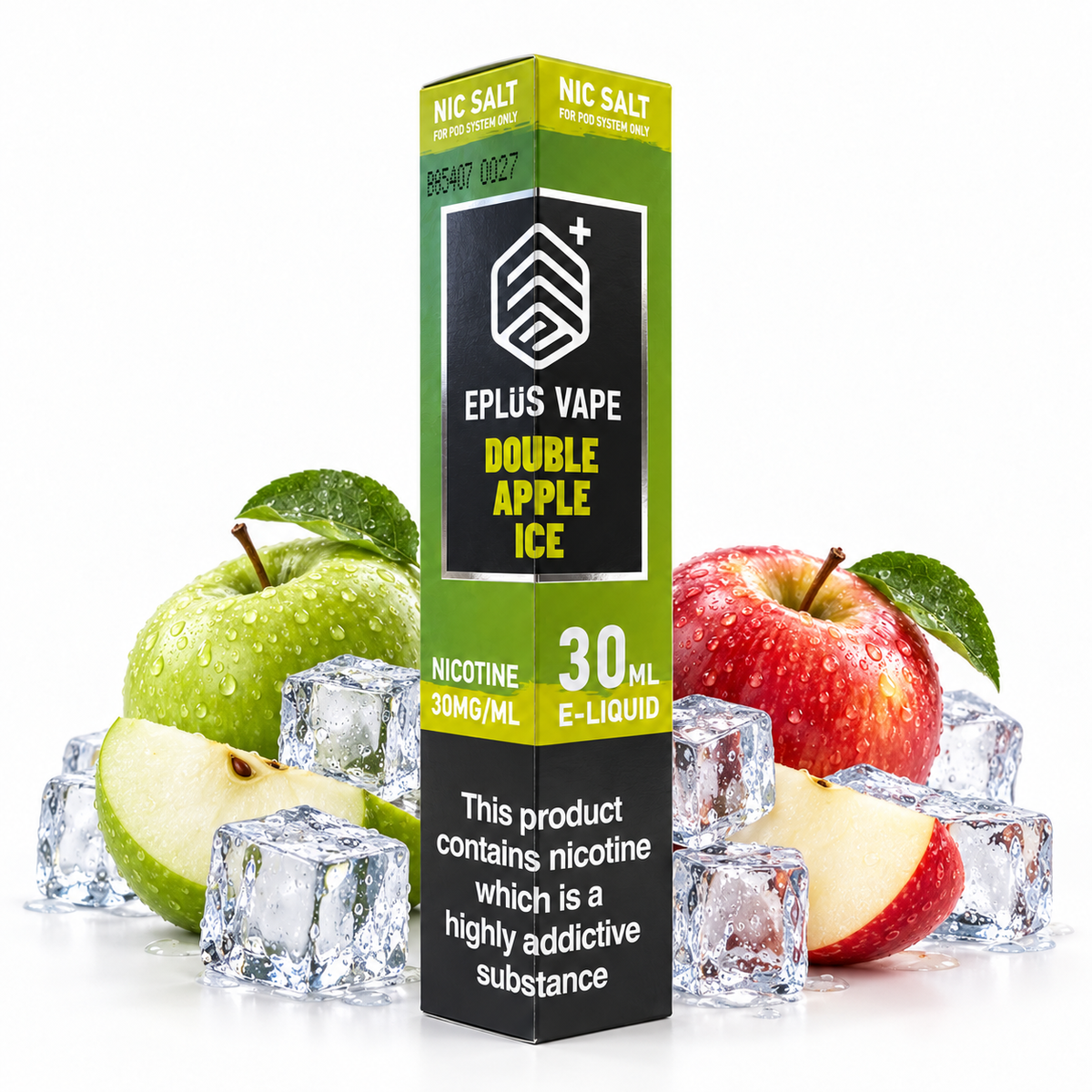 EPLUS VAPE Nic Salt Double Apple Ice e-liquid bottle, 30ml with fresh apple and cool menthol flavor, for vaping.