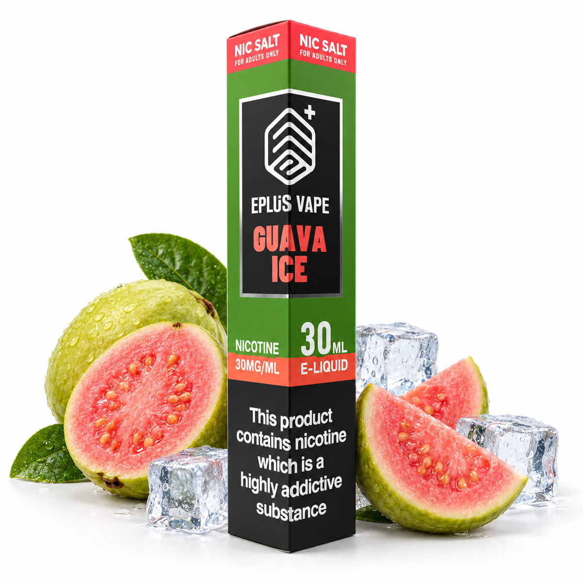 EPLUS VAPE Nic Salt Guava Ice e-liquid 30ml bottle with vibrant label showing guava fruit and icy mint elements.