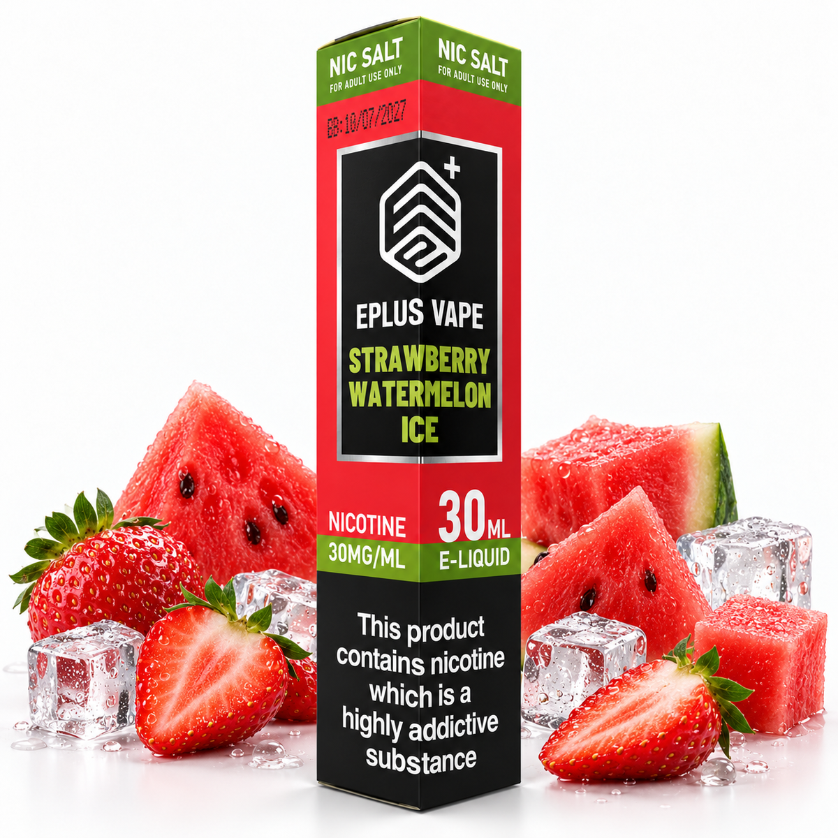 EPLUS VAPE Nic Salt E-Liquid 30ml featuring strawberry watermelon ice flavor in a clear bottle with colorful label.
