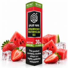 EPLUS VAPE Nic Salt E-Liquid 30ml featuring strawberry watermelon ice flavor in a clear bottle with colorful label.