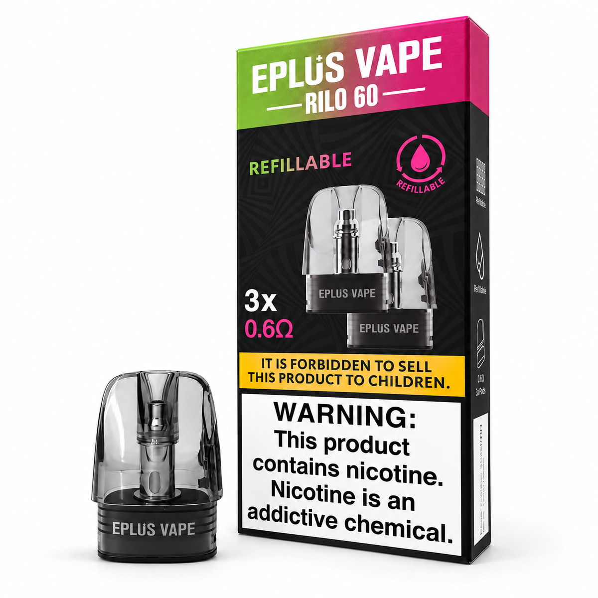 EPLUS VAPE RILO 60 refillable cartridge for vaping, shown in packaging, compatible with EPLUS VAPE devices.