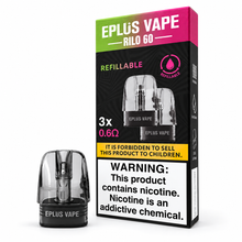 EPLUS VAPE RILO 60 refillable cartridge package showing multiple sleek vape cartridges in a clear plastic tray.