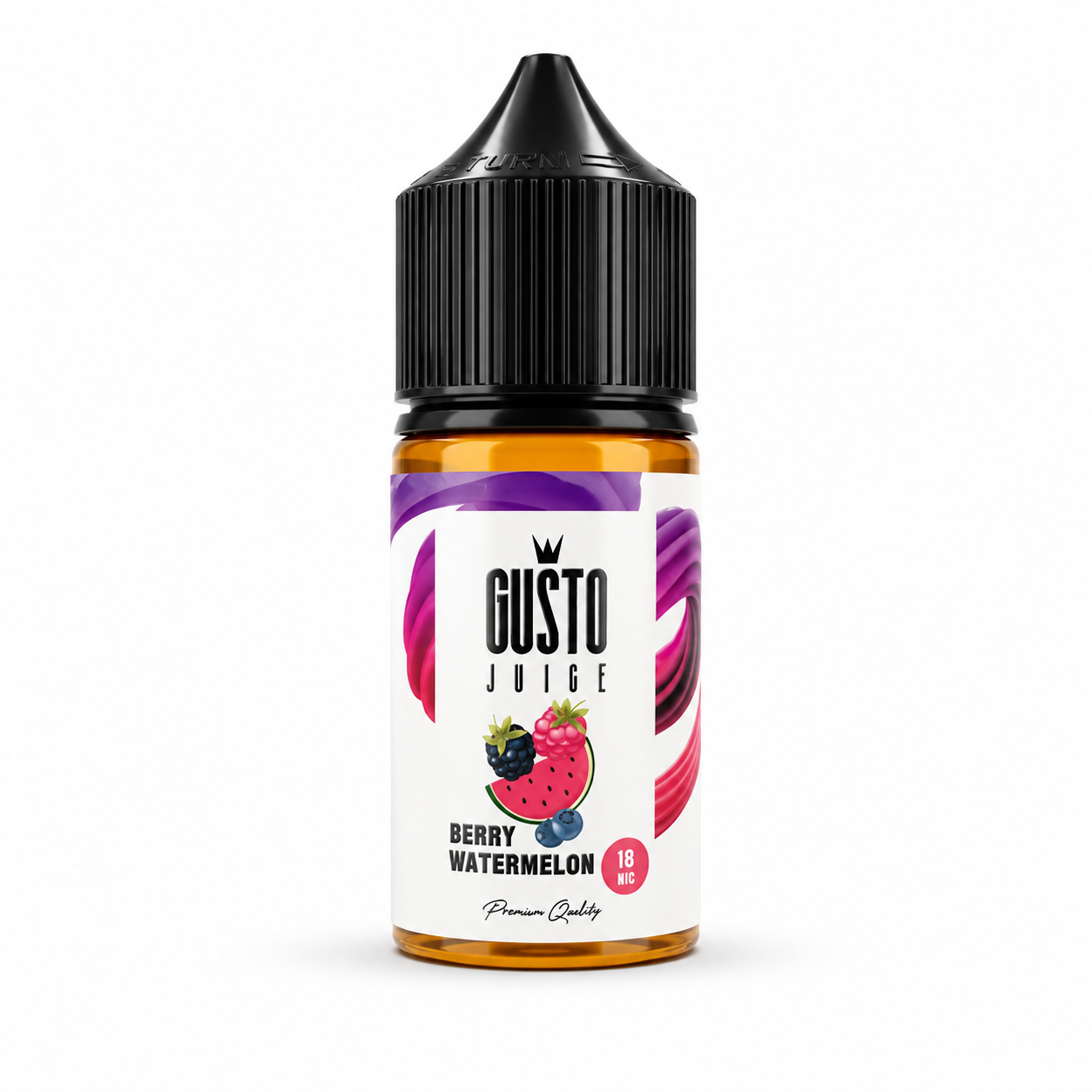 A bottle of Gusto Juice e-liquid in Berry Watermelon flavor, featuring a white label with purple and pink swirls and a black childproof cap, set against a plain white background.
