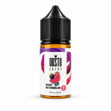 A bottle of Gusto Juice e-liquid in Berry Watermelon flavor, featuring a white label with purple and pink swirls and a black childproof cap, set against a plain white background.