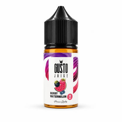 A bottle of Gusto Juice e-liquid in Berry Watermelon flavor, featuring a white label with purple and pink swirls and a black childproof cap, set against a plain white background.