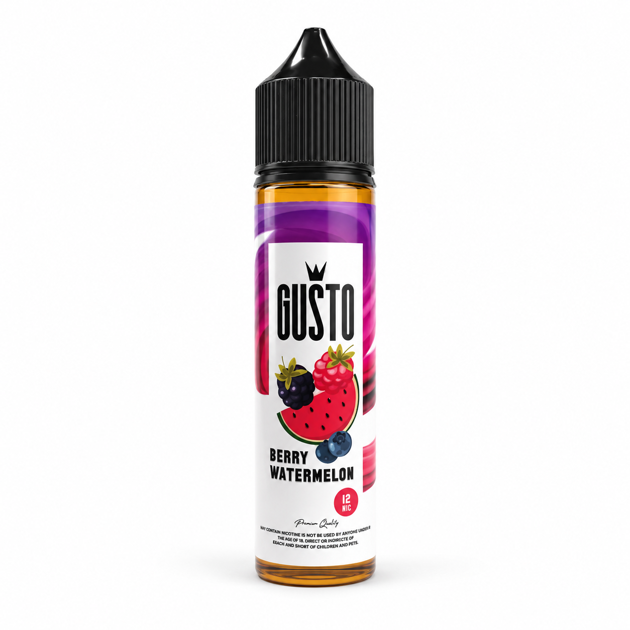 A bottle of GUSTO Berry Watermelon e-liquid with a black cap and a white label featuring illustrations of strawberries, blueberries, and watermelon, set against a plain white background.