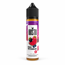 A bottle of GUSTO Berry Watermelon e-liquid with a black cap and a white label featuring illustrations of strawberries, blueberries, and watermelon, set against a plain white background.