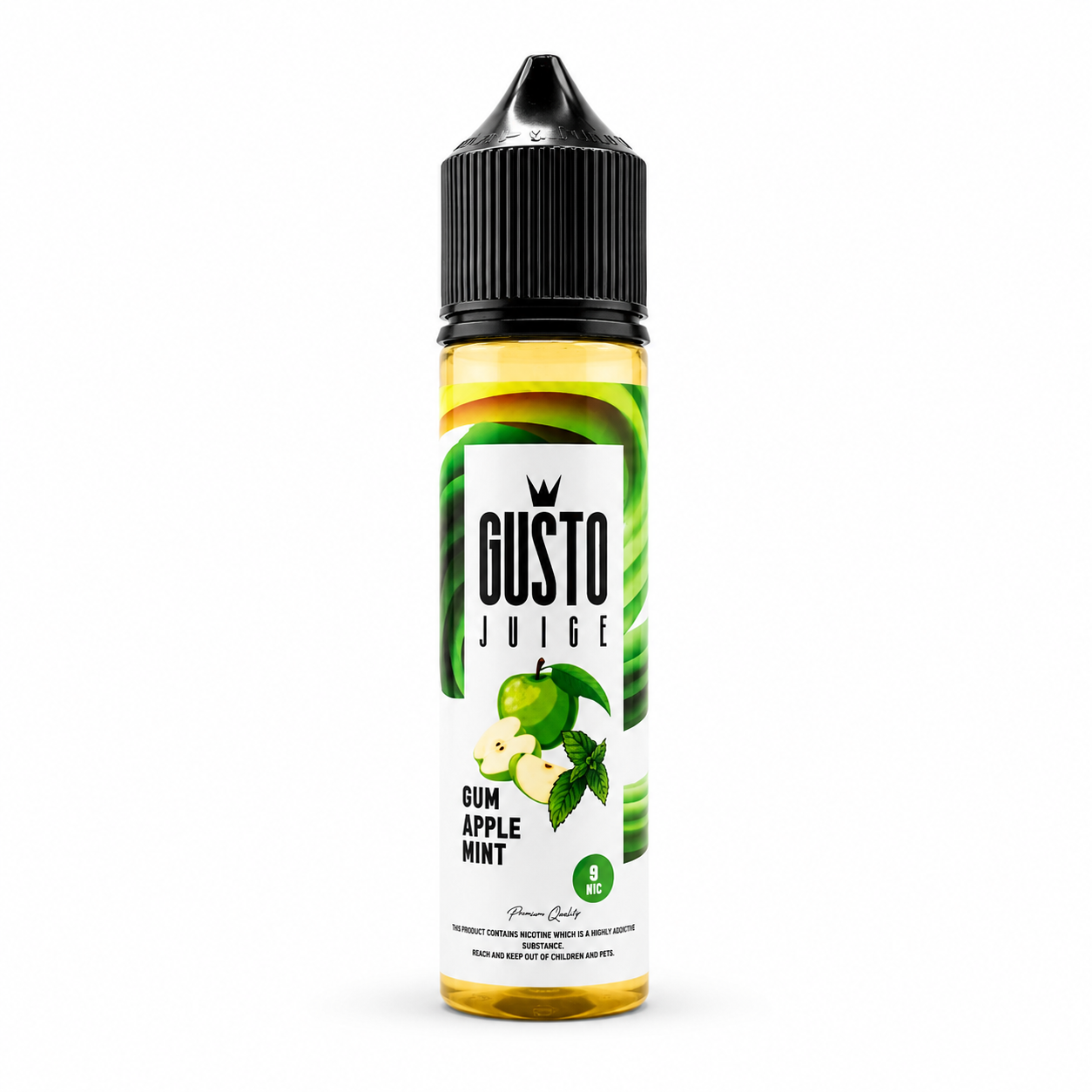 Gusto Juice Apple Mint GUM e-liquid for MTL vaping, 60ml bottle with fresh apple and mint flavor visible in the image.