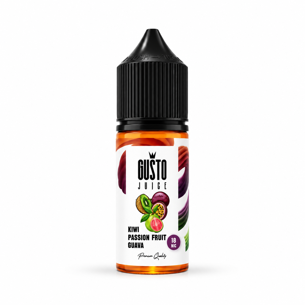 A bottle of Gusto Juice e-liquid in Kiwi Passion Fruit Guava flavor, featuring a white label with fruit illustrations and a black childproof cap, set against a plain white background.