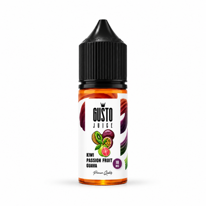 A bottle of Gusto Juice e-liquid in Kiwi Passion Fruit Guava flavor, featuring a white label with fruit illustrations and a black childproof cap, set against a plain white background.