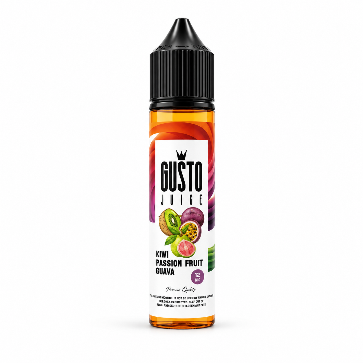 A bottle of Gusto Juice e-liquid in Kiwi Passion Fruit Guava flavor, featuring a black childproof cap and a white label with illustrations of kiwi and passion fruit.