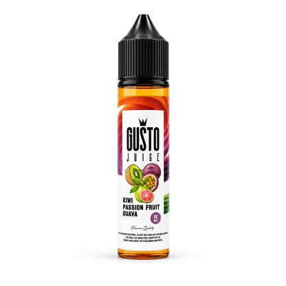 A bottle of Gusto Juice e-liquid in Kiwi Passion Fruit Guava flavor, featuring a black childproof cap and a white label with illustrations of kiwi and passion fruit.