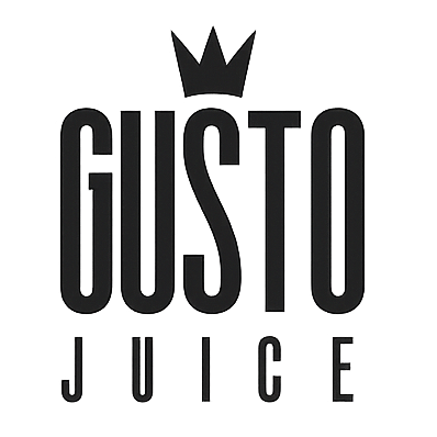 A minimalist black logo featuring a small crown above the words 'GUSTO JUICE' in a clean sans-serif typeface, centered on a solid white background.
