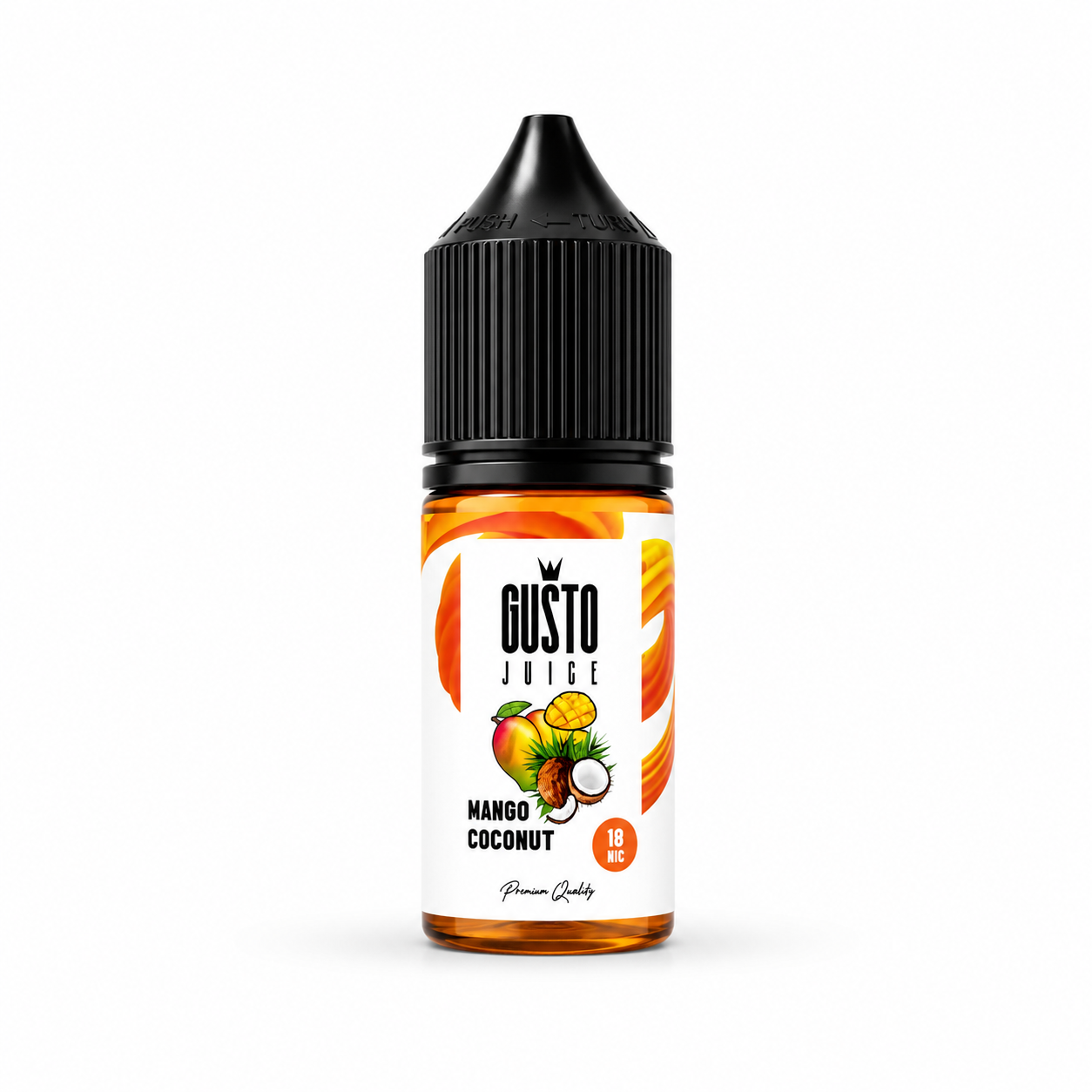A bottle of Gusto Juice Mango Coconut e-liquid with a black childproof cap and a white label featuring orange graphics and fruit illustrations, set against a plain white background.