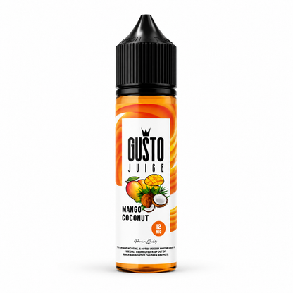 A bottle of Gusto Juice Mango Coconut e-liquid, featuring a white label with orange and yellow graphics, a black childproof cap, and a clean white background.