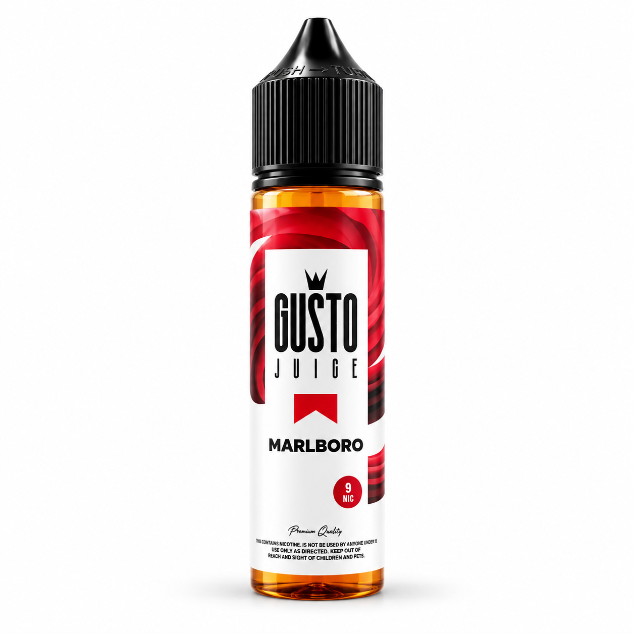A bottle of Gusto Judge Marlboro 9ml e-liquid on a solid white background. The bottle is amber glass with a black childproof cap, featuring a white label with red graphics and black text.