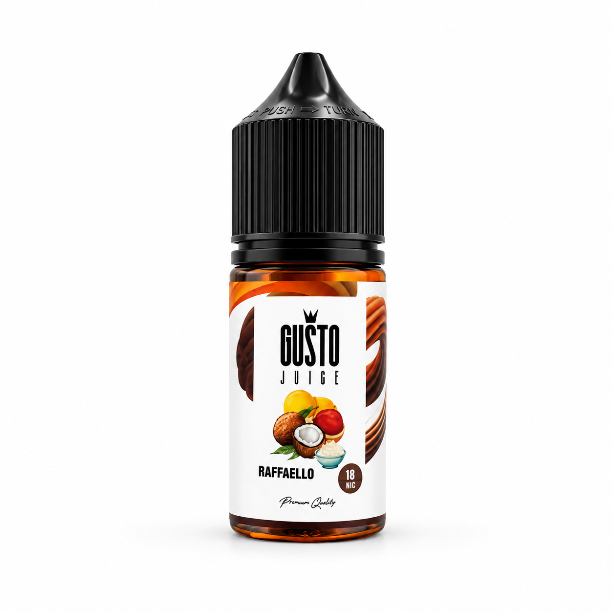 GUSTO JUICE Raffaello e-liquid bottle for vaping, 30ml MTL, featuring a smooth, creamy flavor with hints of coconut and almonds.