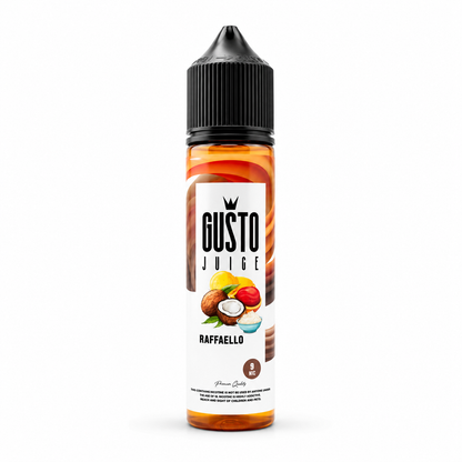 GUSTO JUICE Raffaello MTL e-liquid bottle, 60ml, with colorful label showcasing the GUSTO JUICE brand for vaping enthusiasts.
