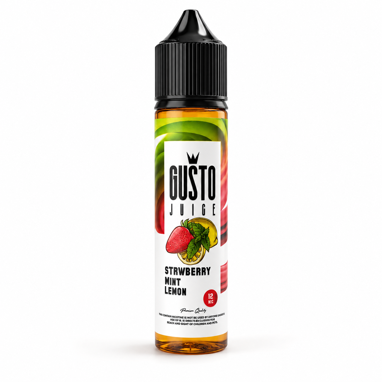A bottle of Gusto Juice Strawberry Mint Lemon e-liquid, featuring a white label with red and green fruit graphics and a black childproof cap, set against a plain white background.