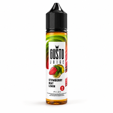 A bottle of Gusto Juice Strawberry Mint Lemon e-liquid, featuring a white label with red and green fruit graphics and a black childproof cap, set against a plain white background.