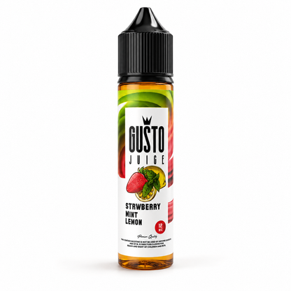 A bottle of Gusto Juice Strawberry Mint Lemon e-liquid, featuring a white label with red and green fruit graphics and a black childproof cap, set against a plain white background.