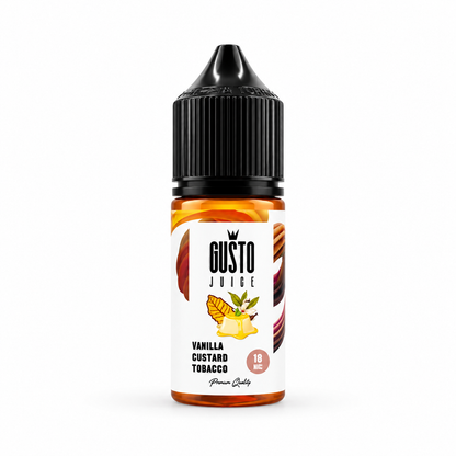 GUSTO JUICE vanilla custard tobacco e-liquid 30ml bottle for mouth-to-lung vaping, featuring creamy vanilla and rich tobacco flavors.