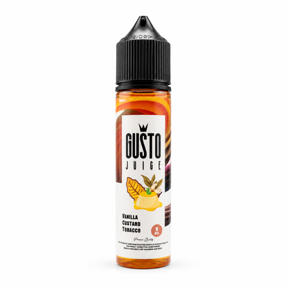 GUSTO JUICE Vanilla Custard Tobacco e-liquid bottle for MTL vaping, 60ml, featuring vanilla, custard, and tobacco flavors.