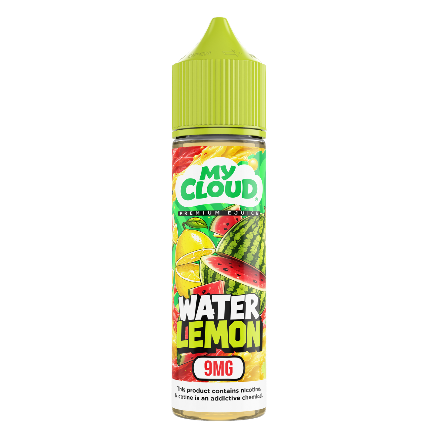 Bottle of MY CLOUD Water Lemon Ice MTL e-liquid with lemon flavor and icy menthol in clear packaging.