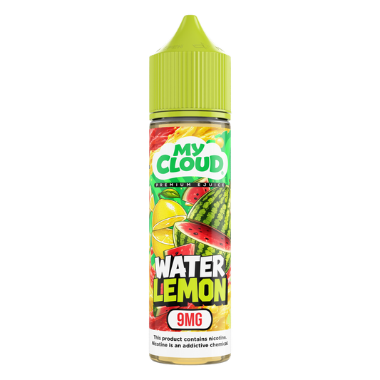 Bottle of MY CLOUD Water Lemon Ice MTL e-liquid with lemon flavor and icy menthol in clear packaging.