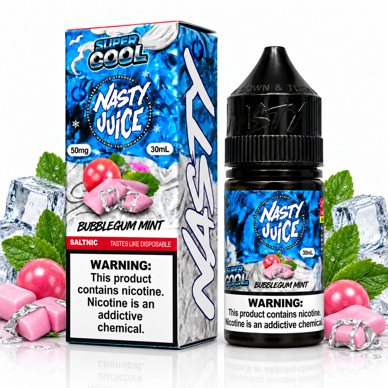 Nasty Juice Super Cool Bubblegum Mint salt e-liquid bottle with vibrant label, showcasing mint and bubblegum flavor branding.
