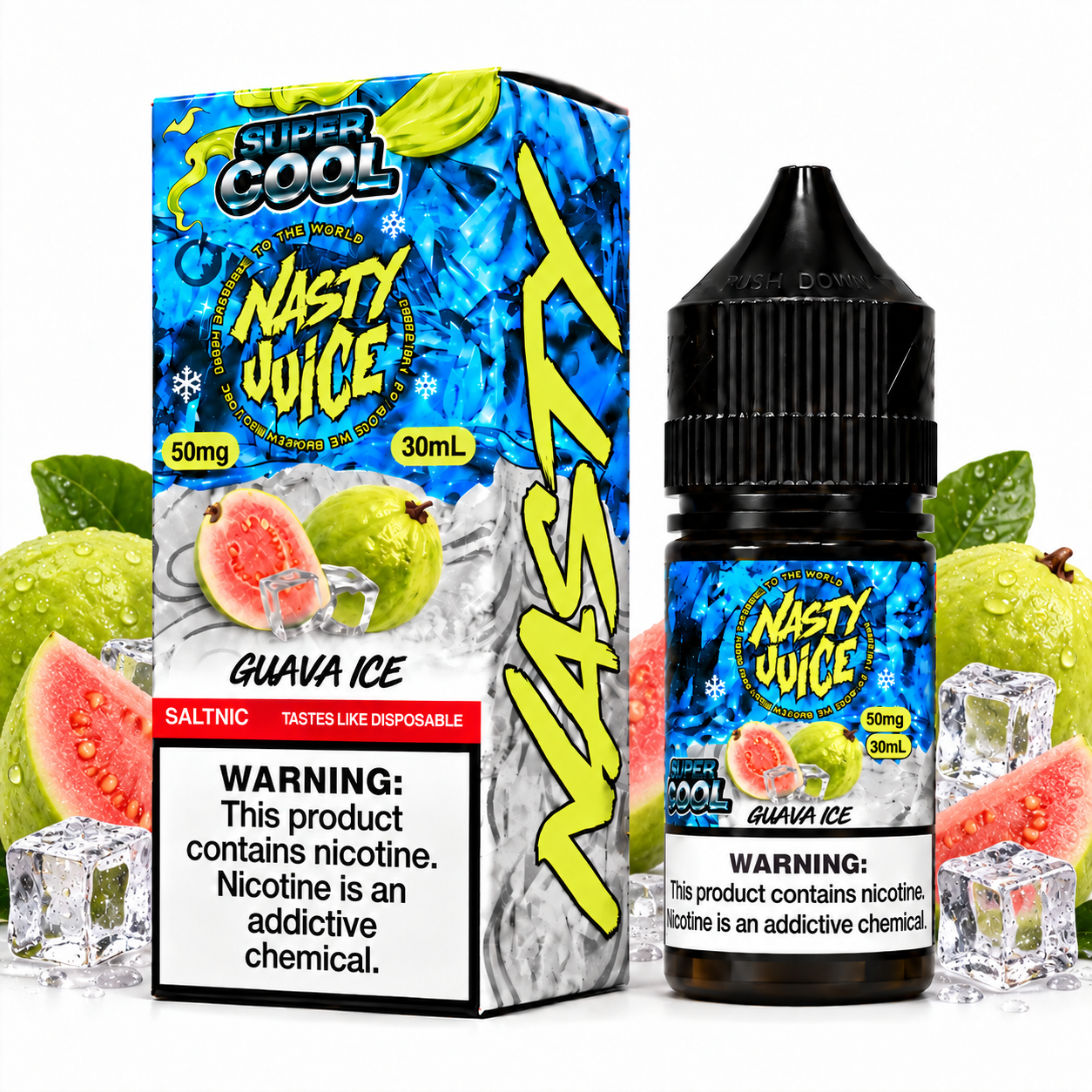Nasty Juice Super Cool Guava Ice salt e-liquid bottle featuring a vibrant label with guava and icy flavor imagery.