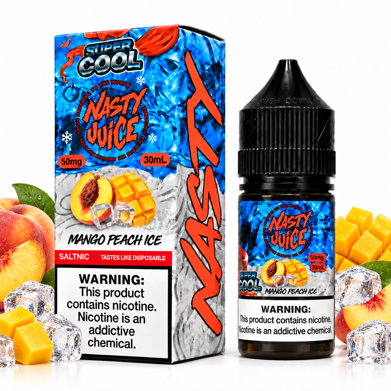 Nasty Juice Super Cool Mango Peach Ice salt e-liquid bottle with vibrant label, showcasing a tropical flavor blend for vaping.