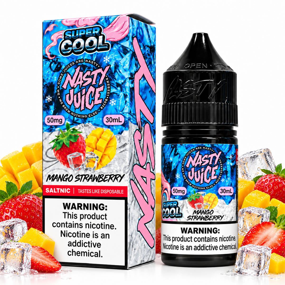 Nasty Juice Super Cool Mango Strawberry salt e-liquid bottle with colorful label and dropper cap, for vaping.