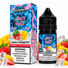 Nasty Juice Super Cool Mango Strawberry salt e-liquid bottle with colorful label and dropper cap, for vaping.