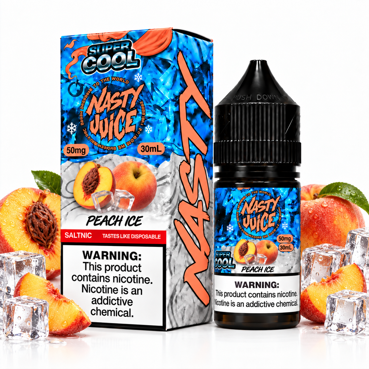 Nasty Juice Super Cool Peach Ice salt e-liquid bottle with peach and ice flavor design, showcasing the product label.