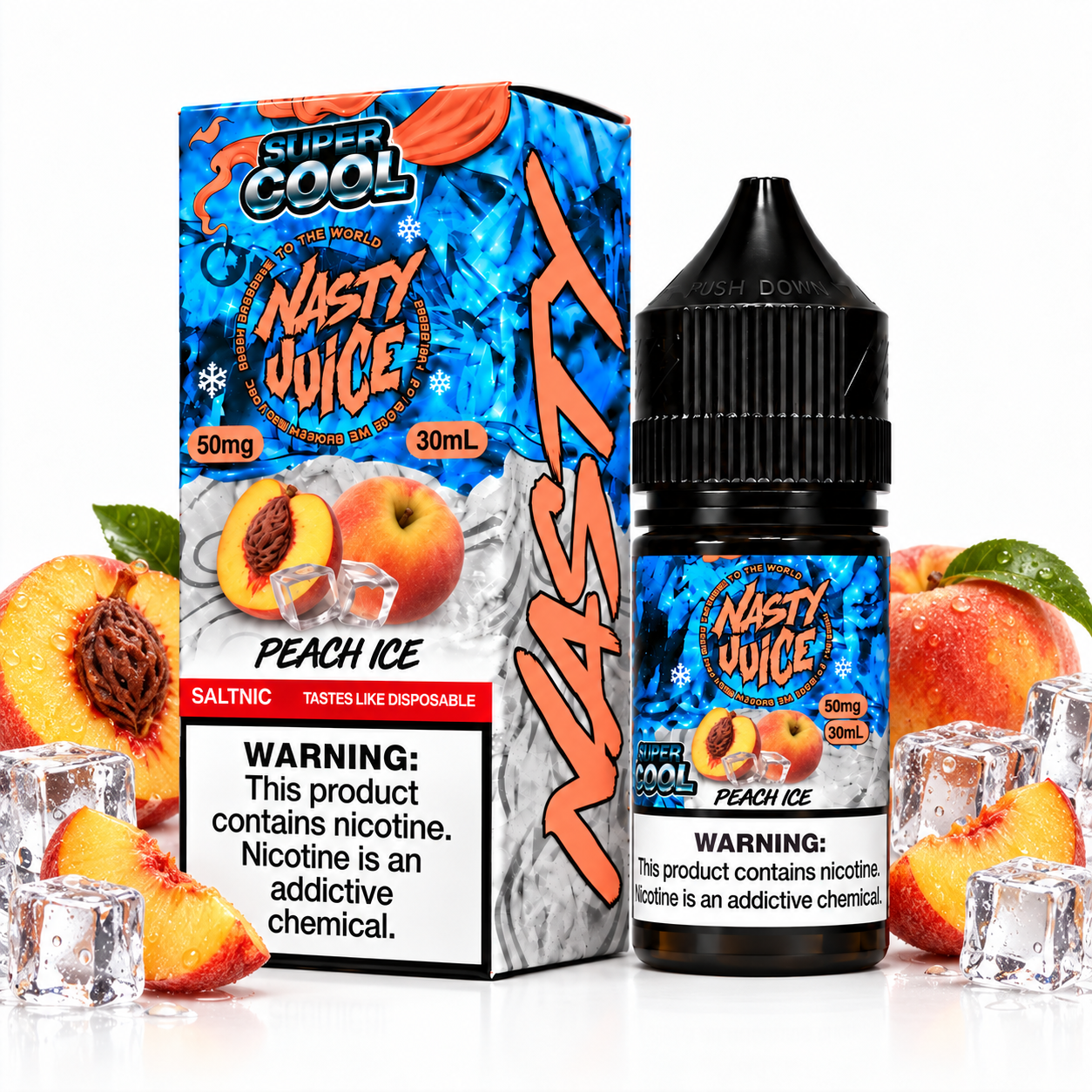 Nasty Juice Super Cool Peach Ice salt e-liquid bottle with peach and ice flavor design, showcasing the product label.
