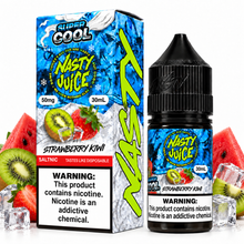 Nasty Juice Super Cool Strawberry Kiwi salt e-liquid bottle with colorful label, showcasing fresh strawberries and kiwi fruit.