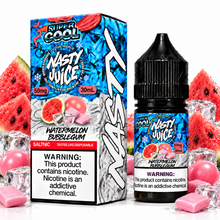 Nasty Juice Super Cool Watermelon Bubblegum salt e-liquid in a bottle, featuring vibrant watermelon and bubblegum flavor branding.